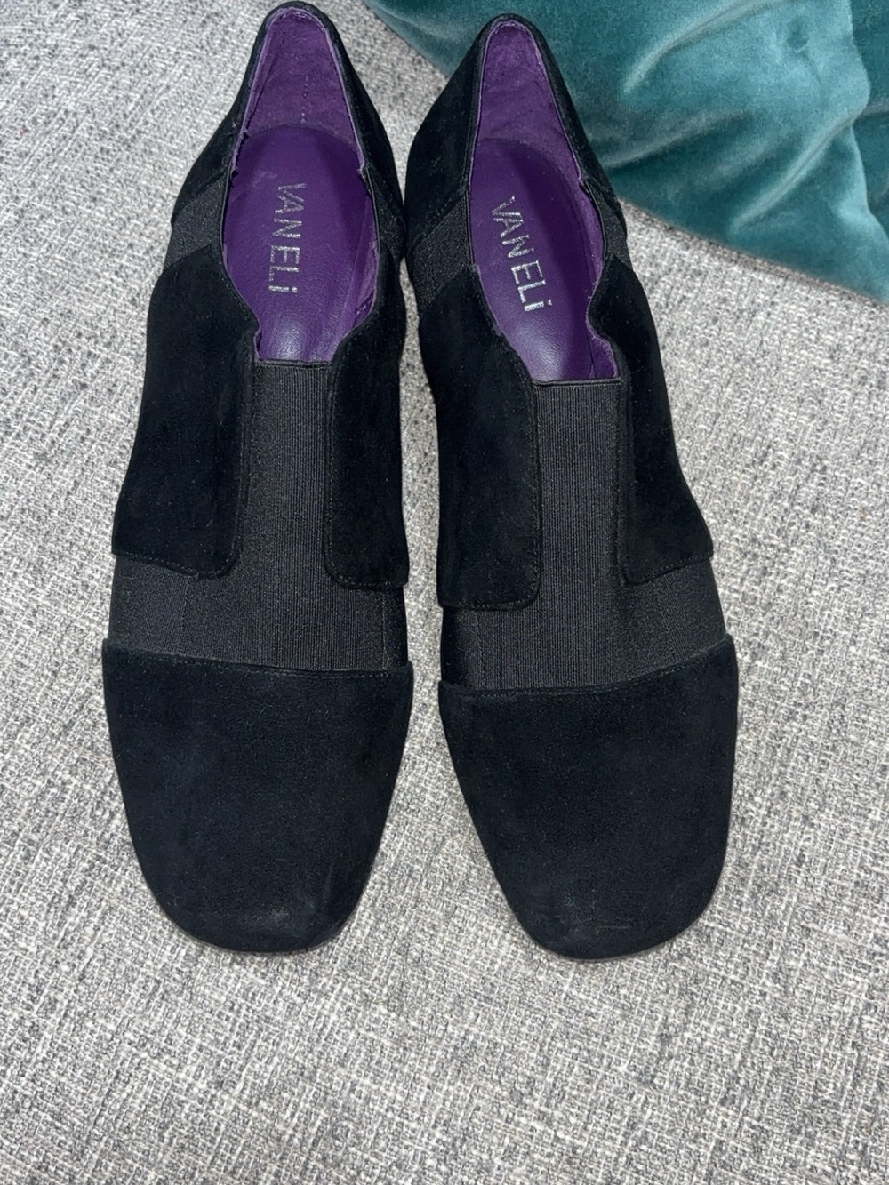 Vaneli Black Suede Loafers with Purple Insole